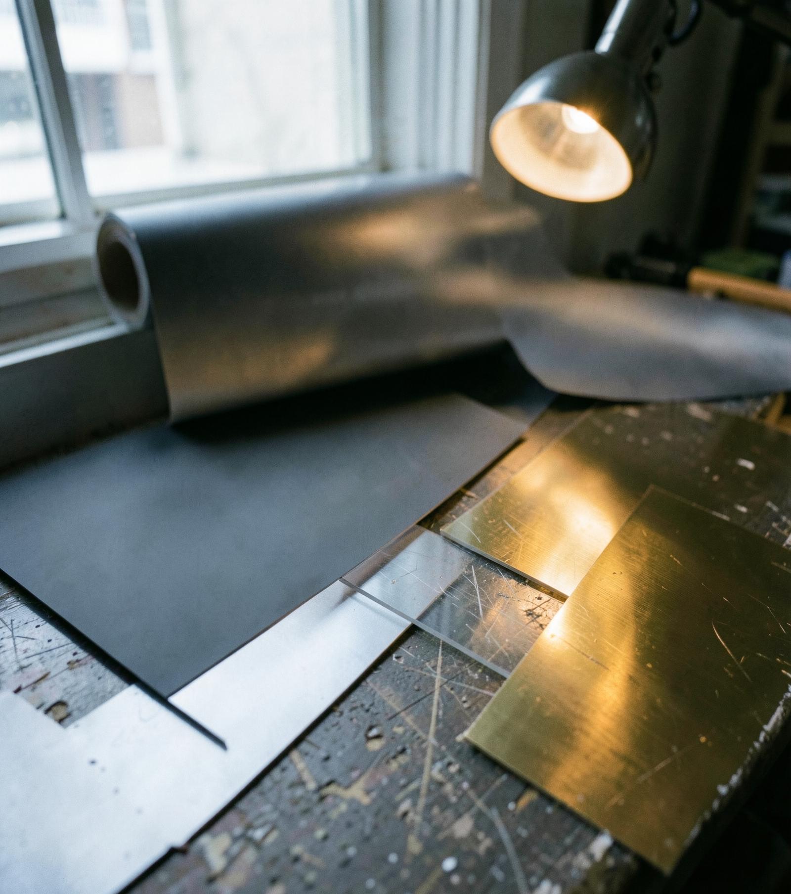 Närbild på verkstadsbänk med folierulle, aluminium, akryl och mässingsplåt i fönsterljus