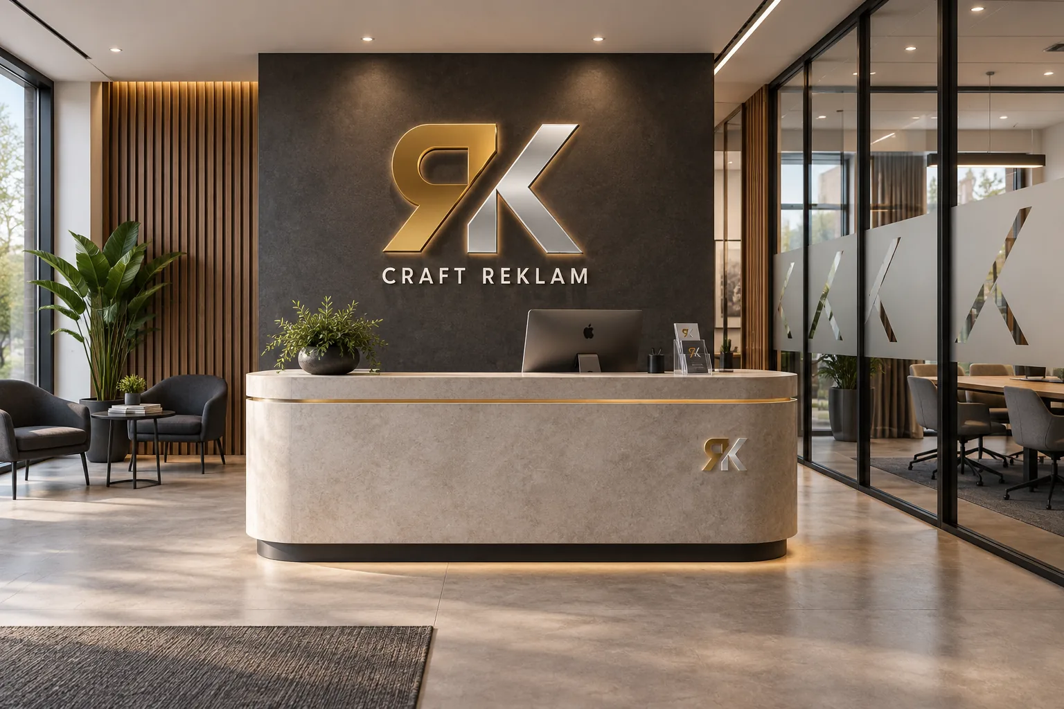 Designkoncept: reception med RK-logotyp på vägg, ljus rundad disk och frostat glas